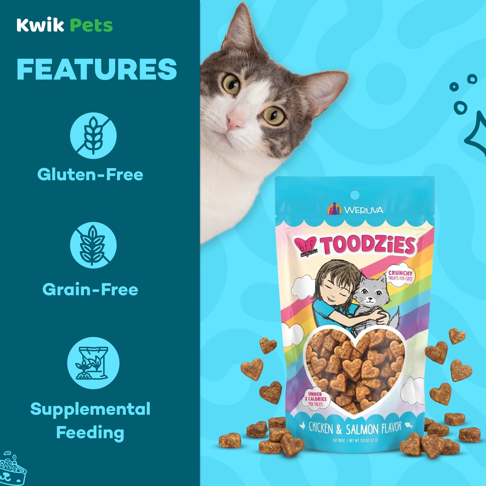 Features of Weruva B.F.F. Toodzies Crunchy Chicken & Salmon Cat Treats 2-oz