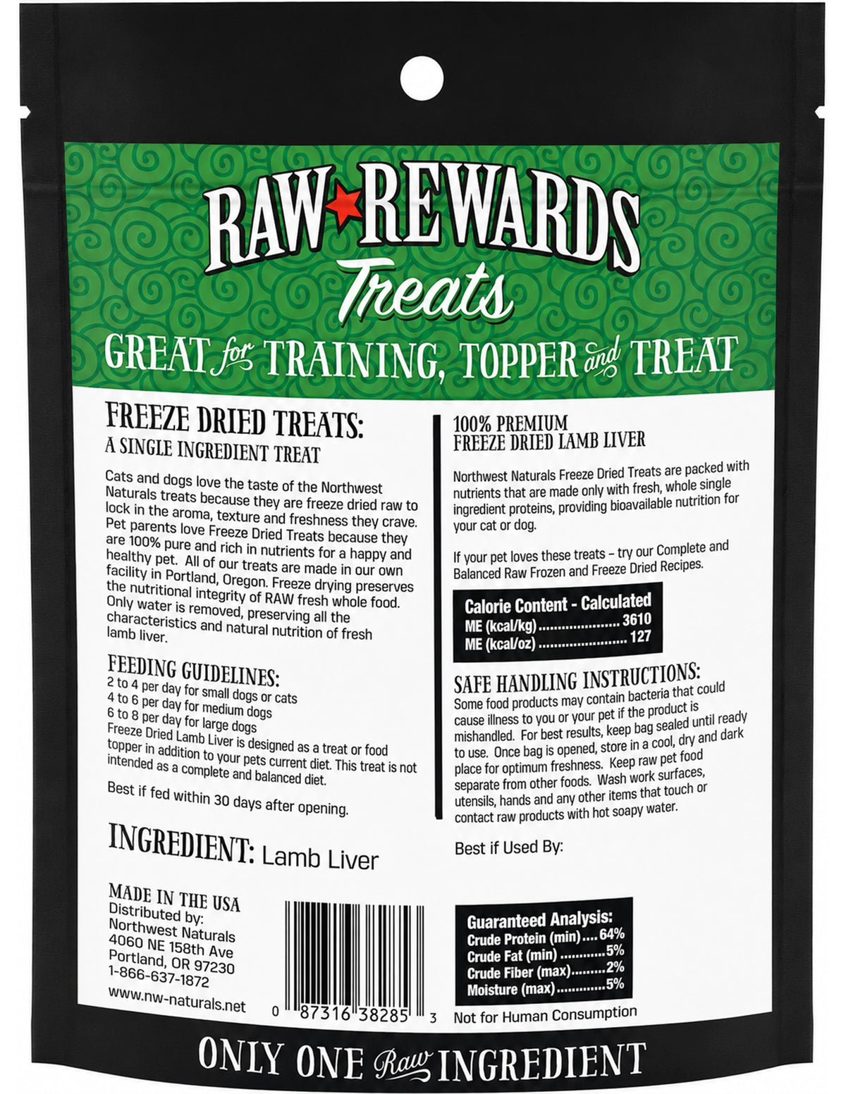 Back of Northwest Naturals Raw Rewards Freeze Dried Dog & Cat Treats Lamb Liver 3-oz