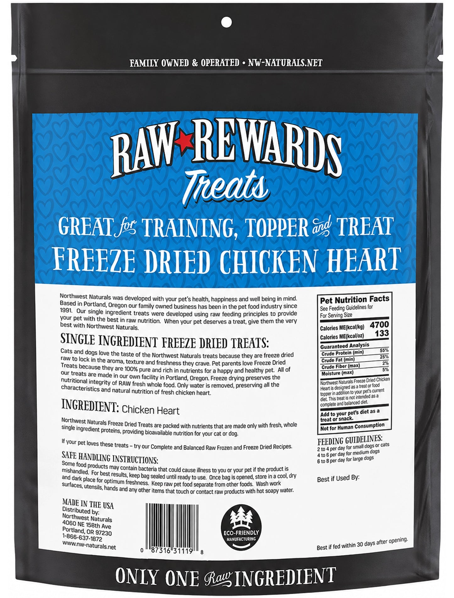 Back of Northwest Naturals Raw Rewards Freeze Dried Dog & Cat Treats Chicken Heart 10-oz