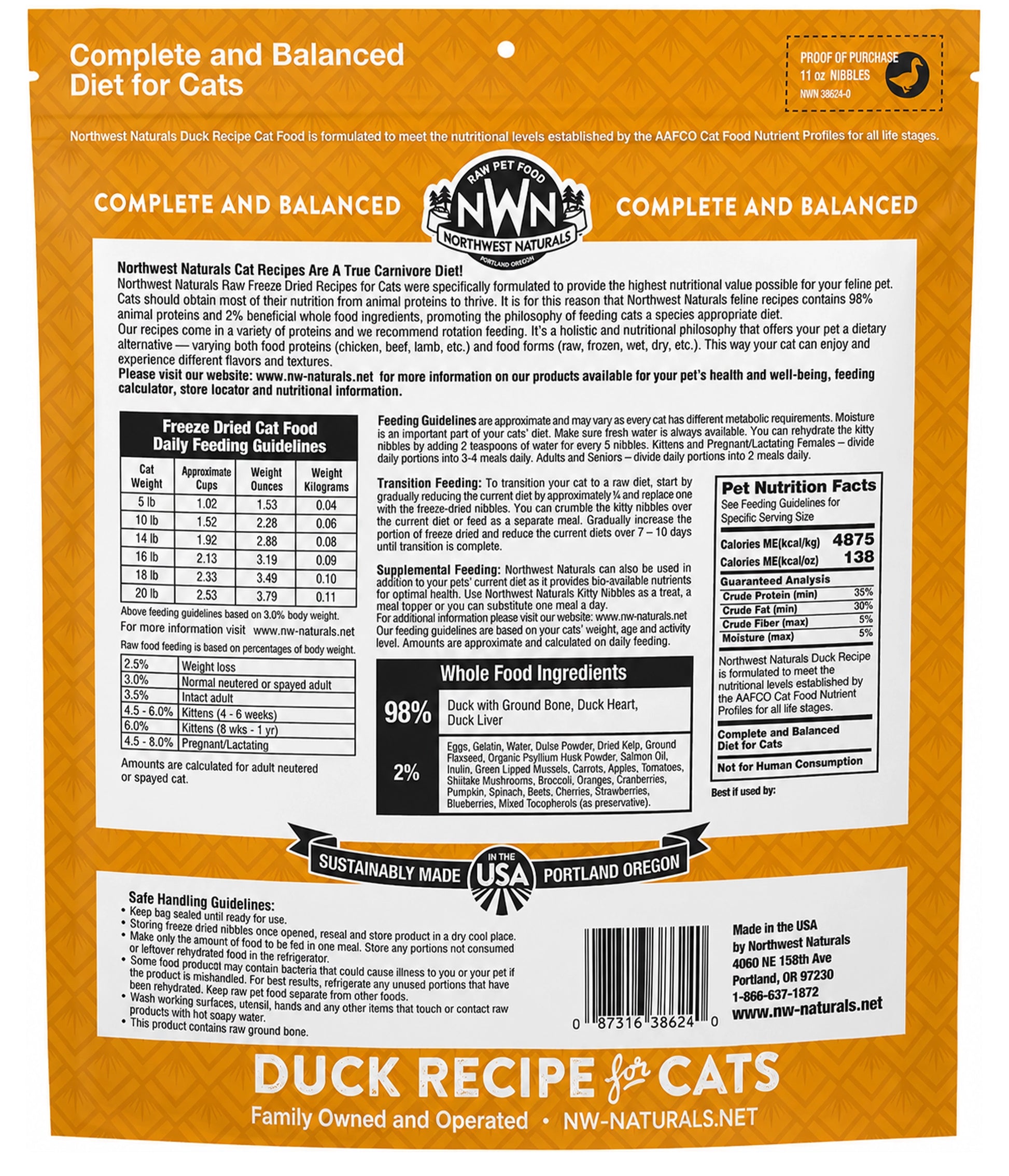 Back of Northwest Naturals Freeze Dried Raw Diet Cat Food Duck Recipe 11-oz