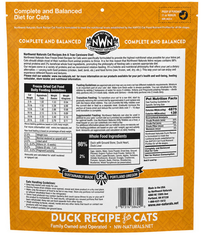 Back of Northwest Naturals Freeze Dried Raw Diet Cat Food Duck Recipe 11-oz