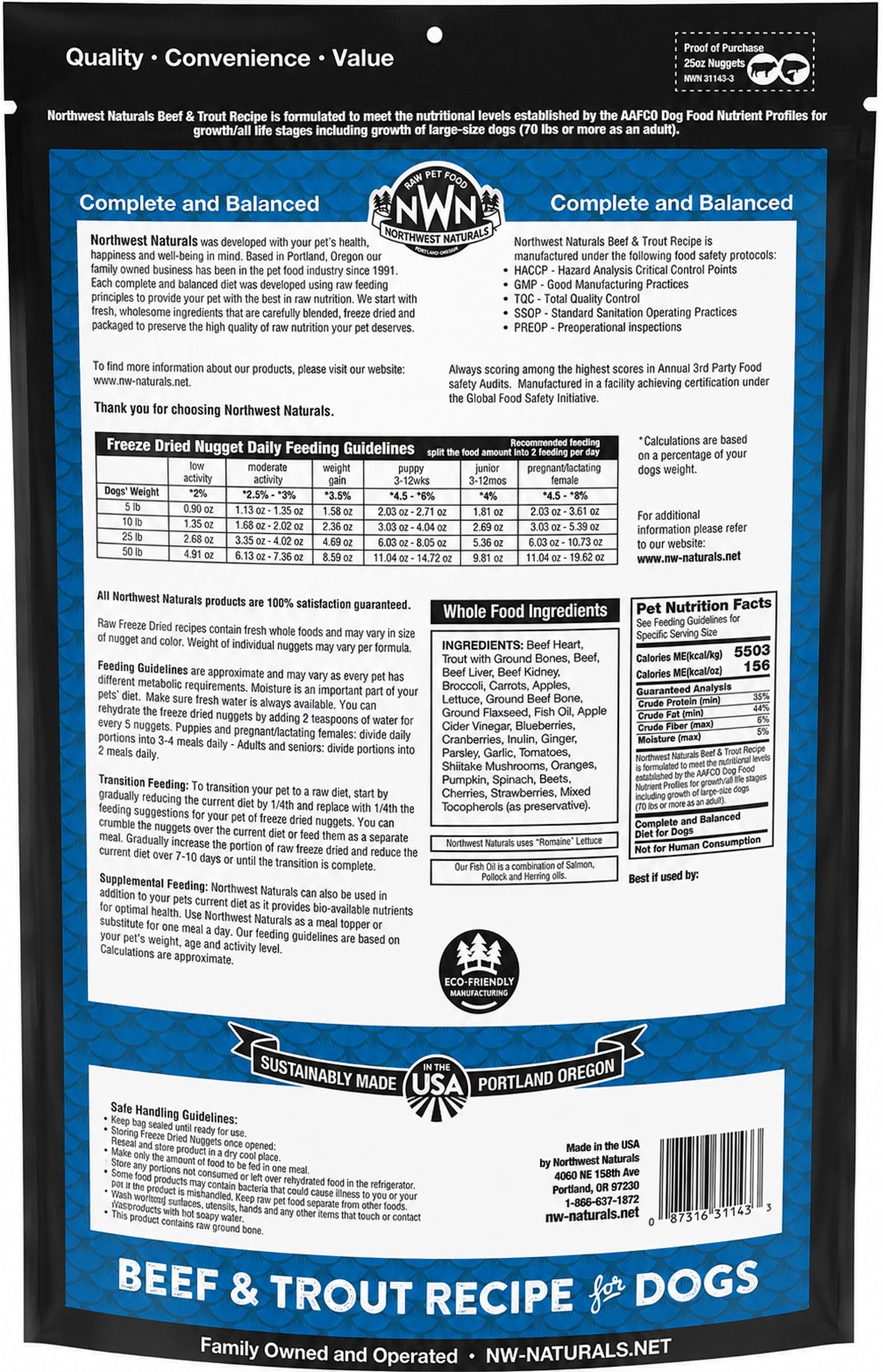 Back of Northwest Naturals Freeze Dried Raw Diet Dog Food Beef & Trout Recipe 25-oz