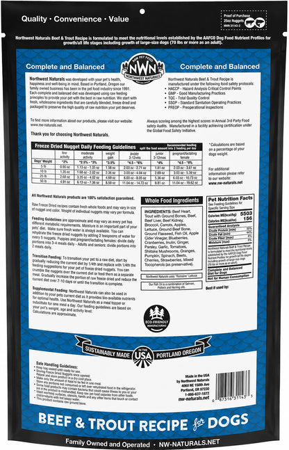 Back of Northwest Naturals Freeze Dried Raw Diet Dog Food Beef & Trout Recipe 25-oz