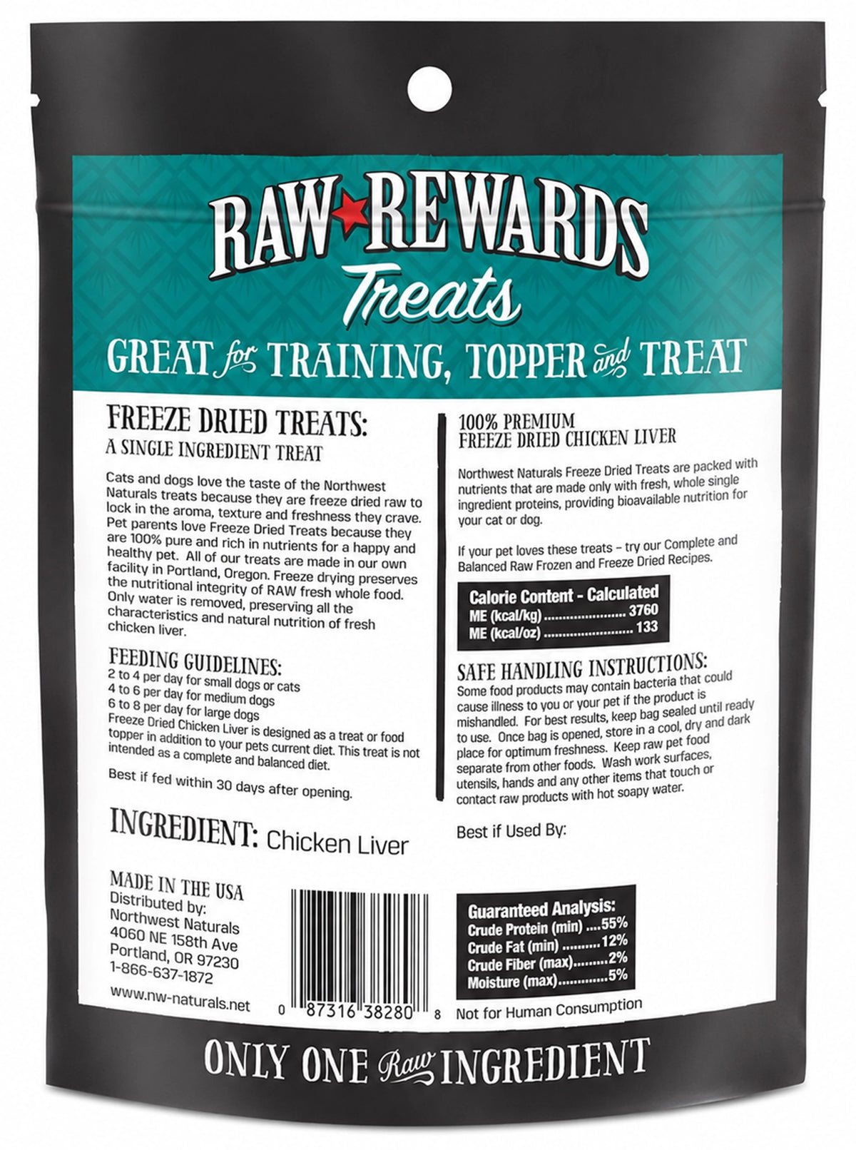 Back of Northwest Naturals Raw Rewards Freeze Dried Dog & Cat Treats Chicken Liver 3-oz