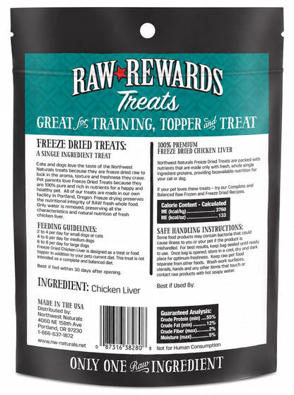 Back of Northwest Naturals Raw Rewards Freeze Dried Dog & Cat Treats Chicken Liver 3-oz