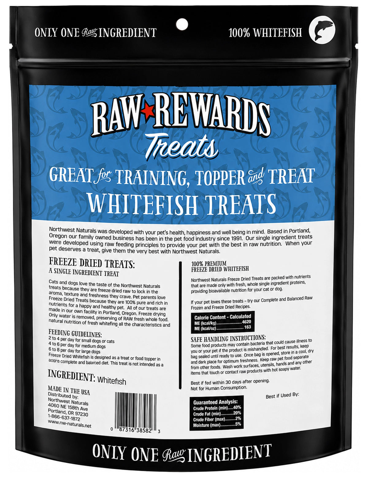 Back of Northwest Naturals Raw Rewards Freeze Dried Dog & Cat Treats Whitefish 10-oz