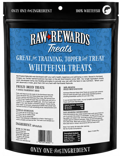 Back of Northwest Naturals Raw Rewards Freeze Dried Dog & Cat Treats Whitefish 10-oz