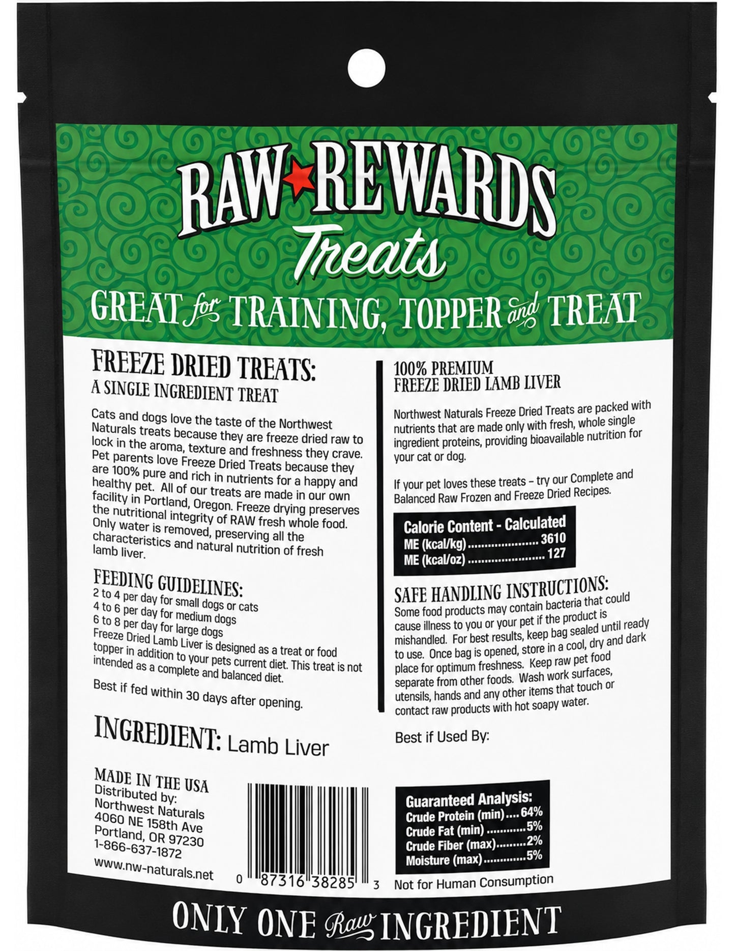 Back of Northwest Naturals Raw Rewards Freeze Dried Dog & Cat Treats Lamb Liver 3-oz