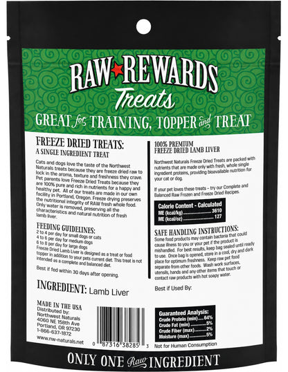 Back of Northwest Naturals Raw Rewards Freeze Dried Dog & Cat Treats Lamb Liver 3-oz