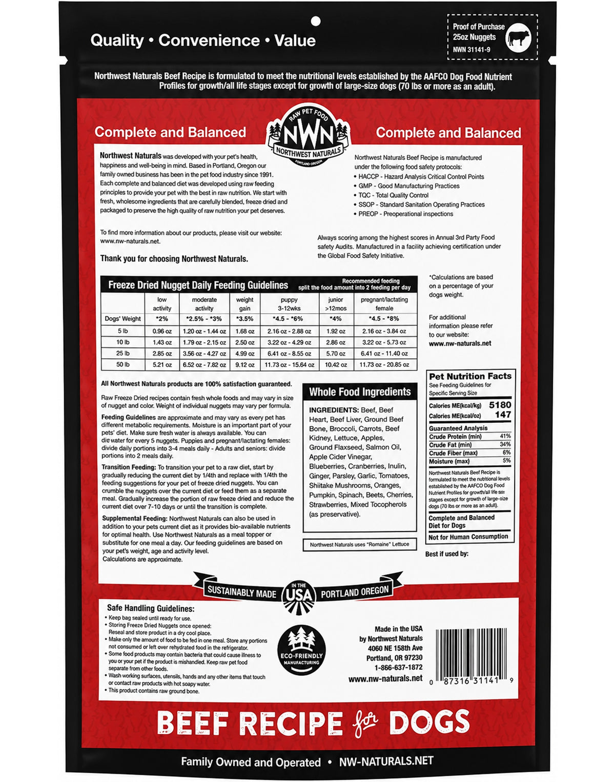 back of Northwest Naturals Freeze Dried Raw Diet Dog Food Beef Recipe 25-oz