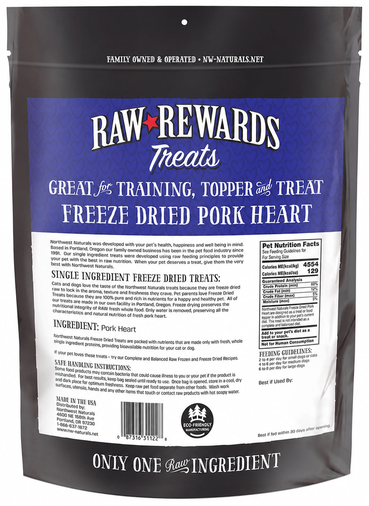 Back of Northwest Naturals Raw Rewards Freeze Dried Dog & Cat Treats Pork Heart 10-oz