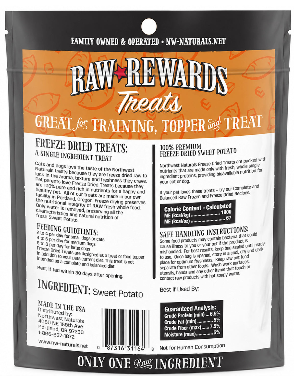 Back of Northwest Naturals Raw Rewards Freeze Dried Dog & Cat Treats Sweet Potato 2-oz
