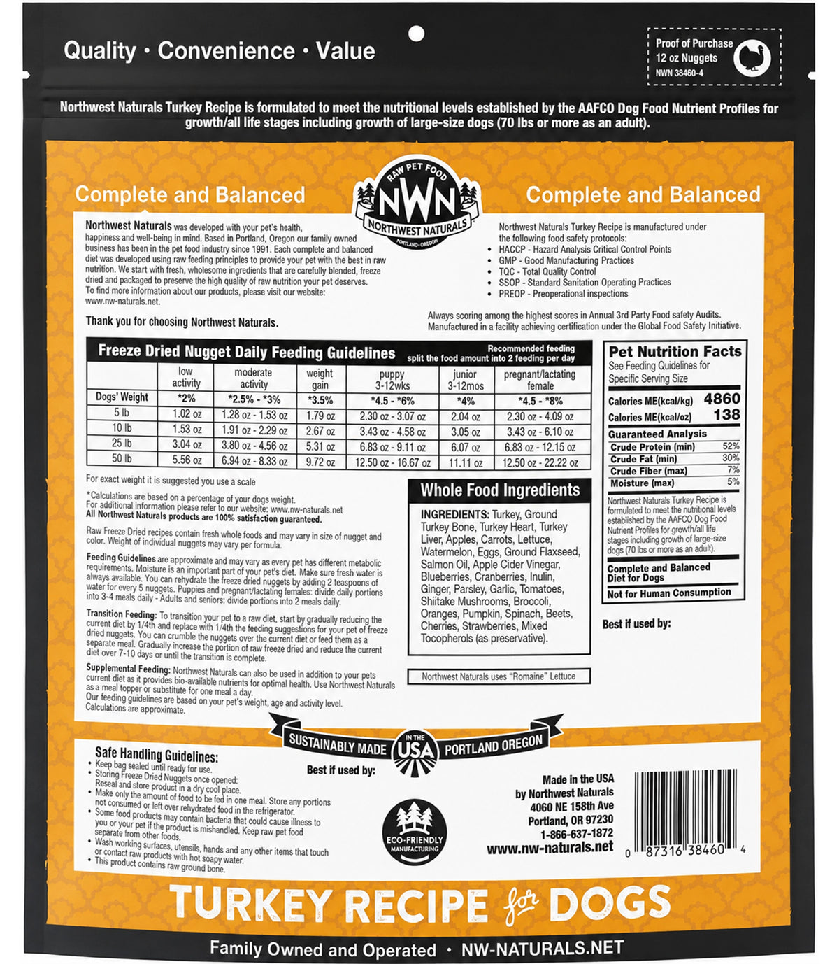 Back of Northwest Naturals Freeze Dried Raw Diet Dog Food Turkey Recipe 12-oz