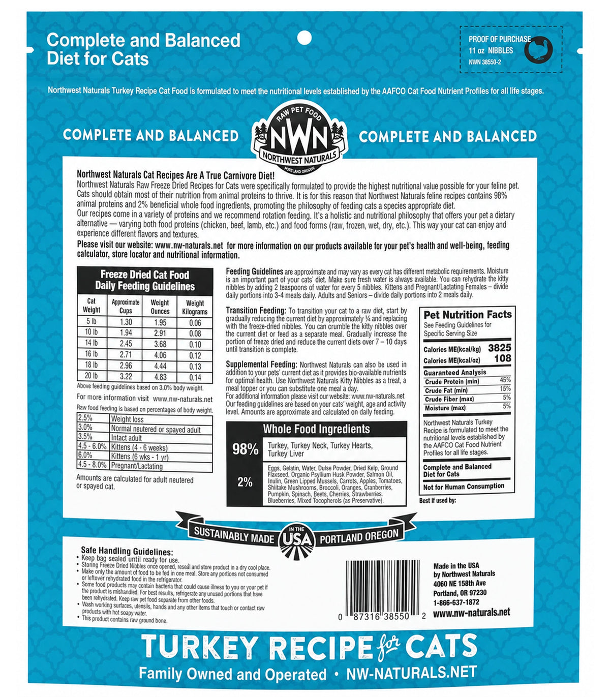 Back of Northwest Naturals Freeze Dried Raw Diet Cat Food Turkey Recipe 11-oz