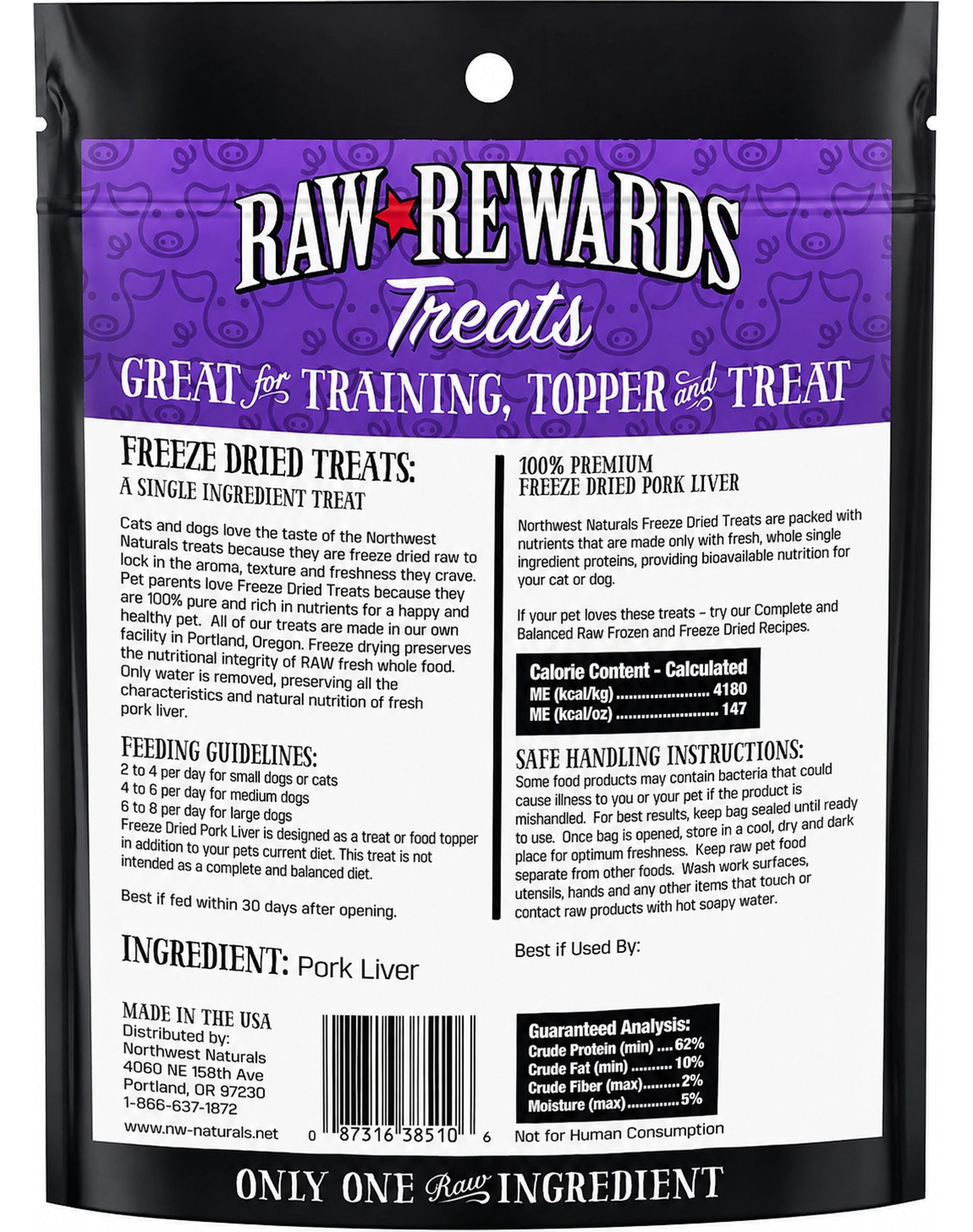Back of Northwest Naturals Raw Rewards Freeze Dried Dog & Cat Treats Pork Liver 10-oz