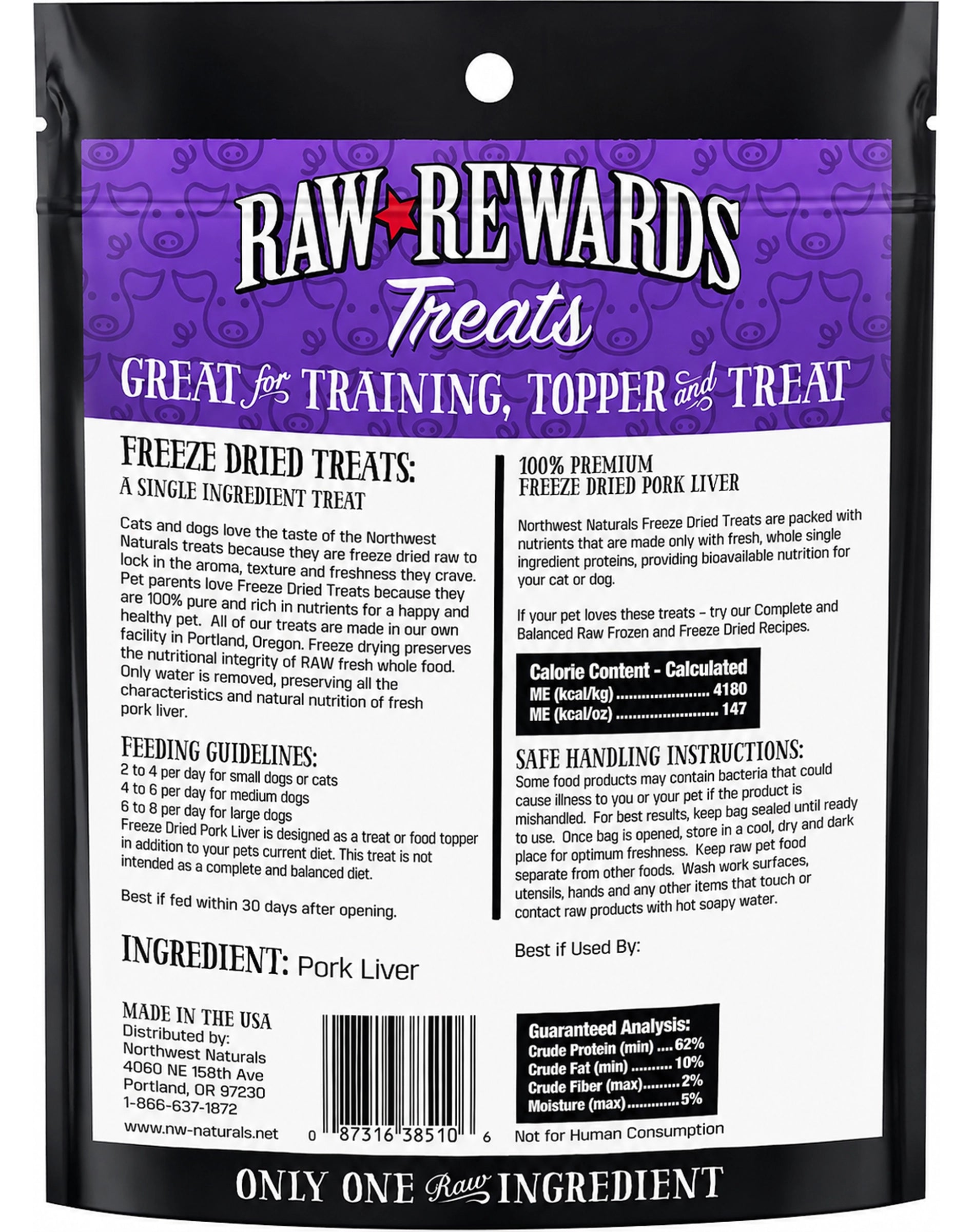 Back of Northwest Naturals Raw Rewards Freeze Dried Dog & Cat Treats Pork Liver 10-oz