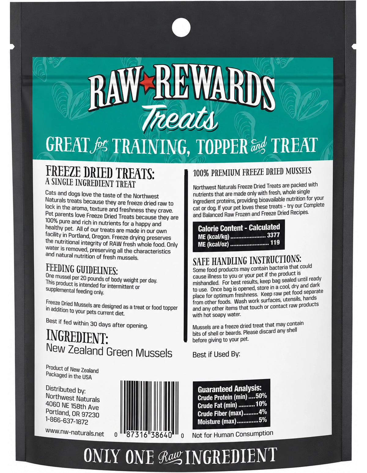 Back of Northwest Naturals Raw Rewards Freeze Dried Dog & Cat Treats Green Mussels 2-oz