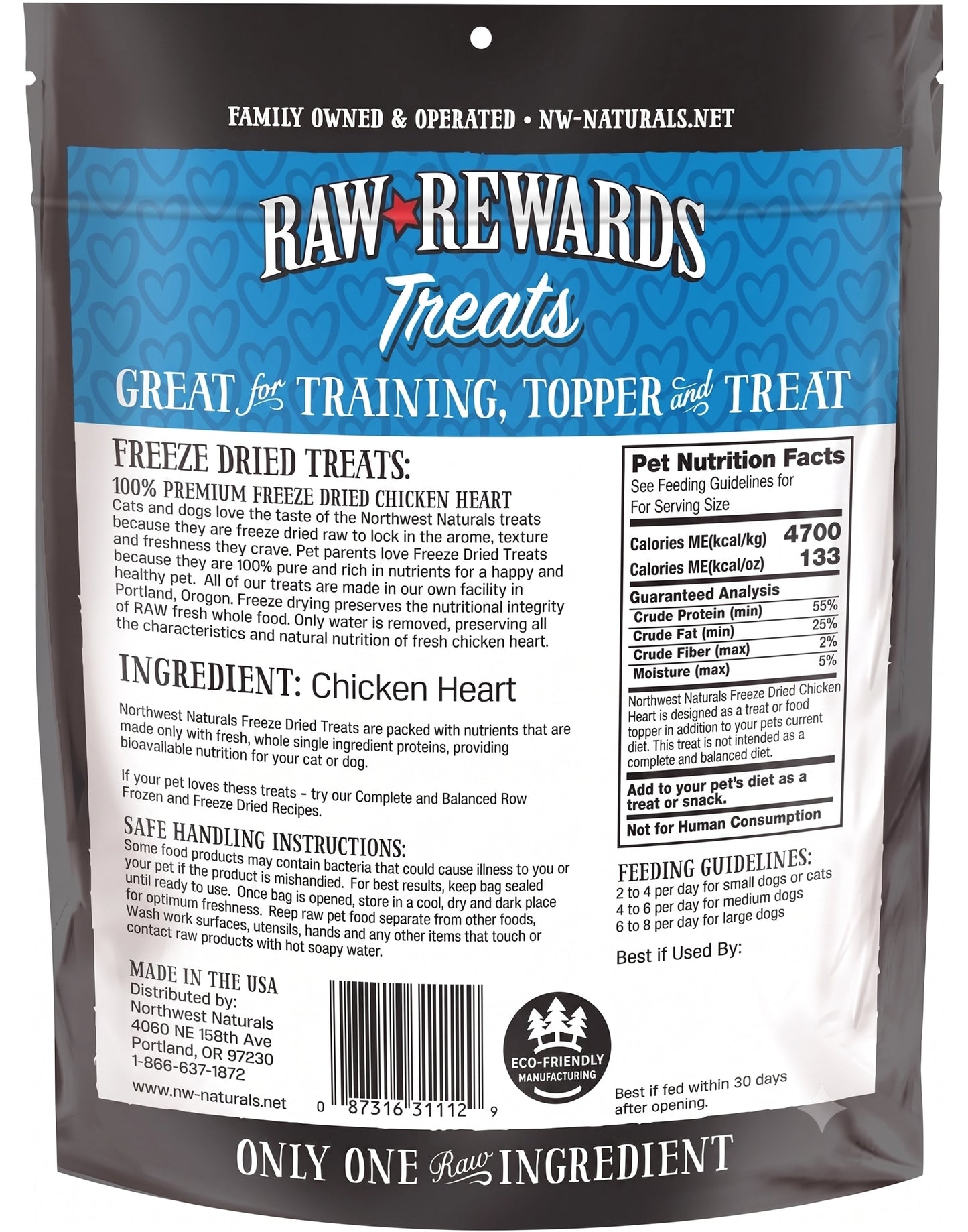 Back of Northwest Naturals Raw Rewards Freeze Dried Dog & Cat Treats Chicken Heart 3-oz