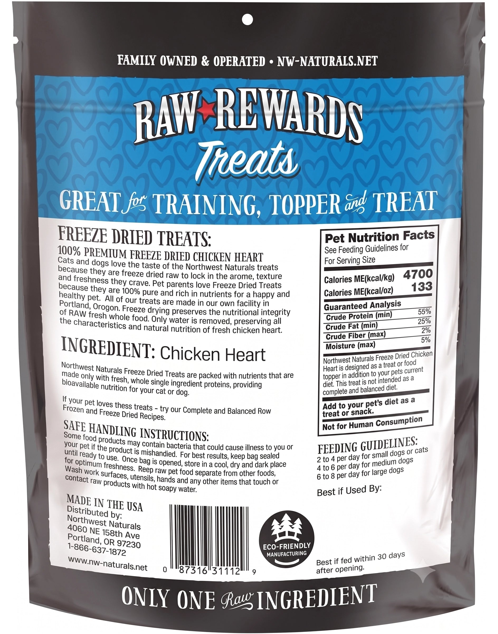 Back of Northwest Naturals Raw Rewards Freeze Dried Dog & Cat Treats Chicken Heart 3-oz
