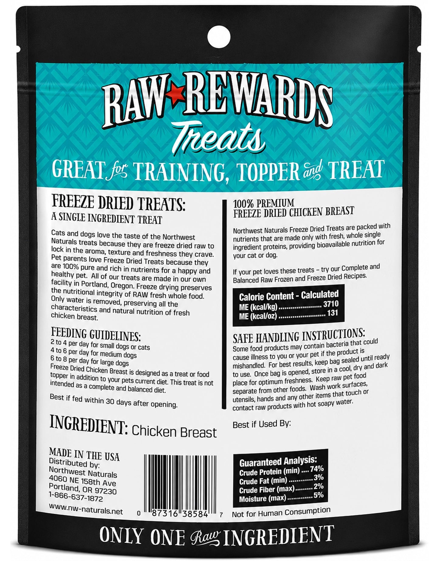 Back of Northwest Naturals Raw Rewards Freeze Dried Dog & Cat Treats Chicken Breast 3-oz