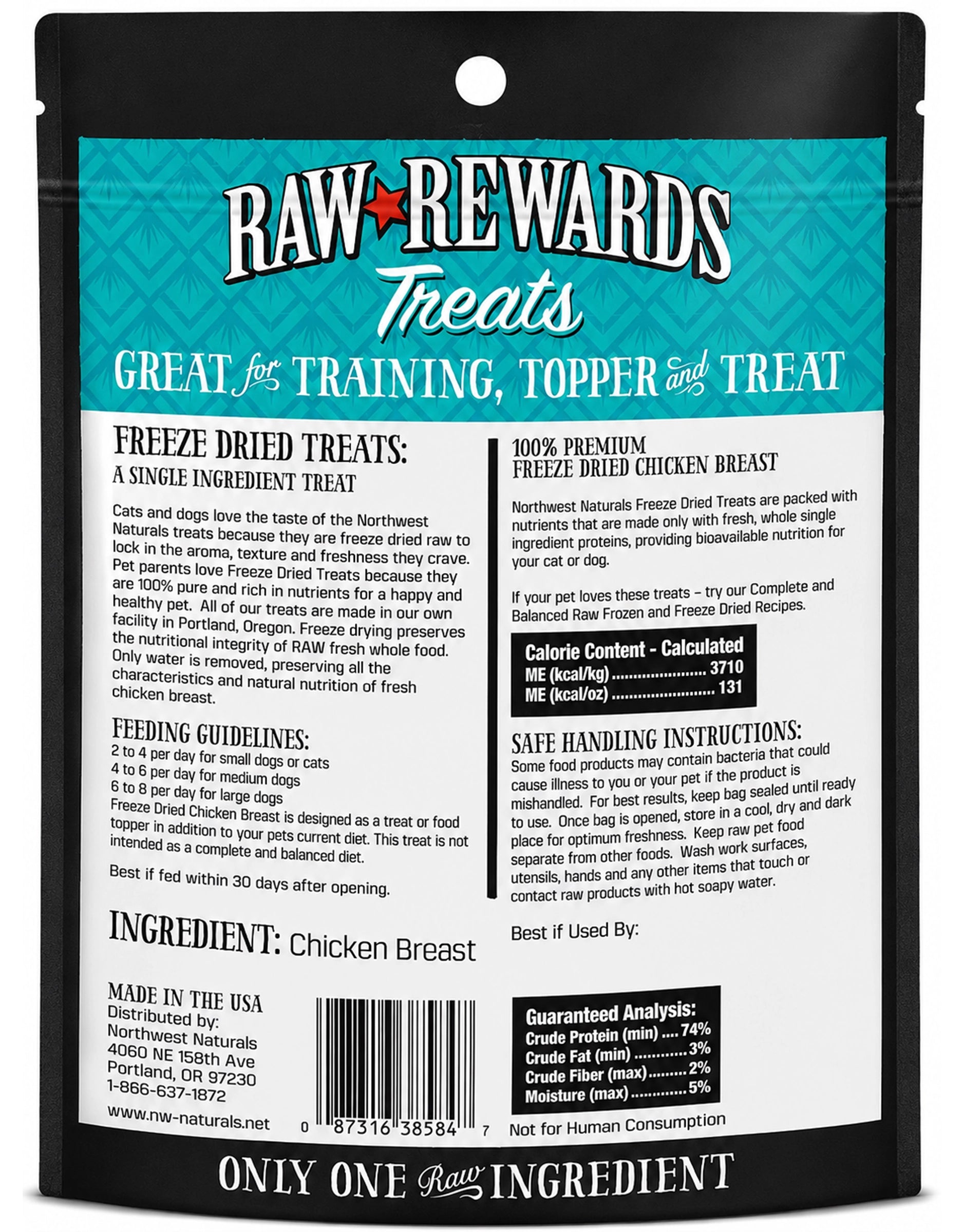 Back of Northwest Naturals Raw Rewards Freeze Dried Dog & Cat Treats Chicken Breast 3-oz