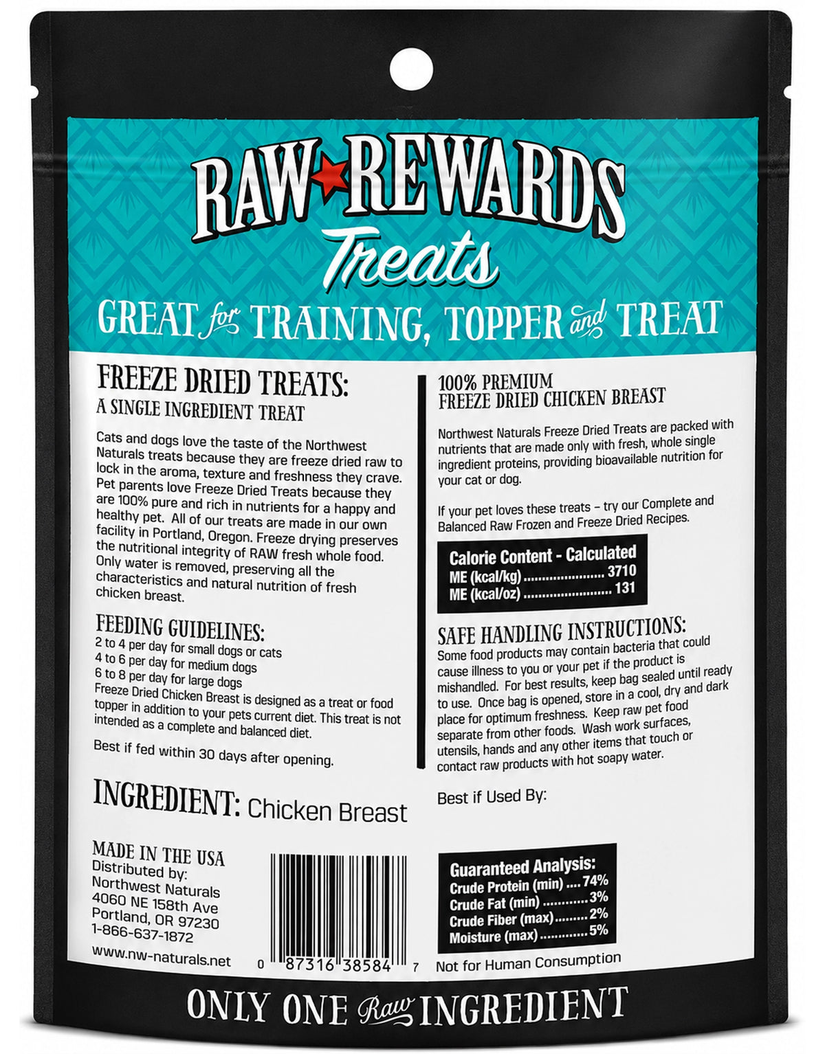 Back of Northwest Naturals Raw Rewards Freeze Dried Dog & Cat Treats Chicken Breast 3-oz