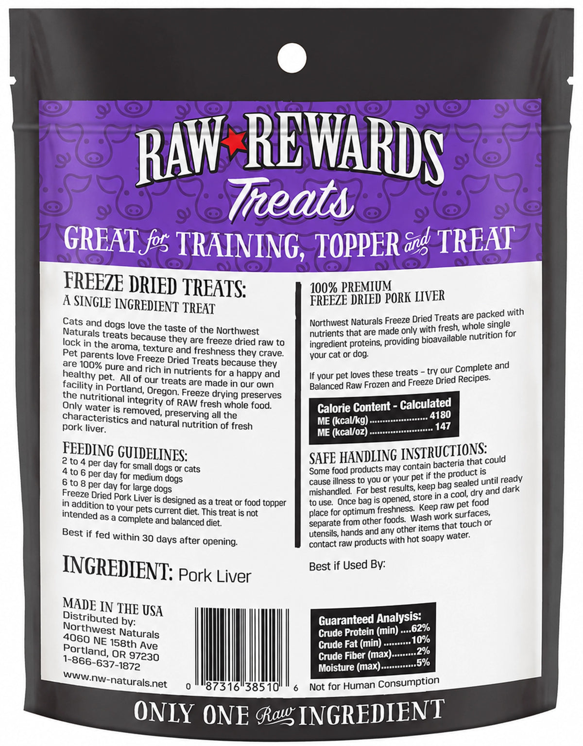 Back of Northwest Naturals Raw Rewards Freeze Dried Dog & Cat Treats Pork Liver 3-oz