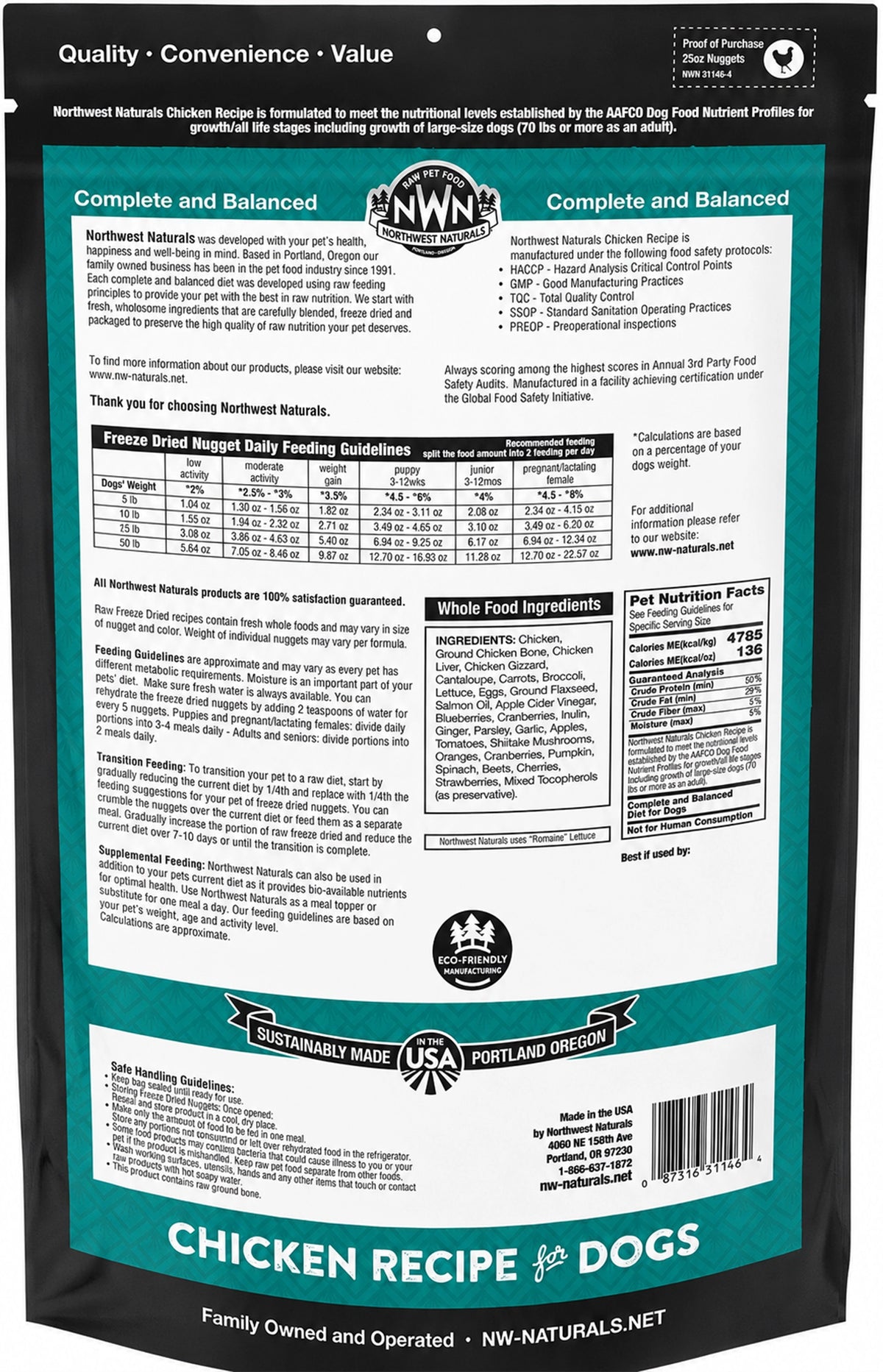 Back of Northwest Naturals Freeze Dried Raw Diet Dog Food Chicken Recipe 25-oz