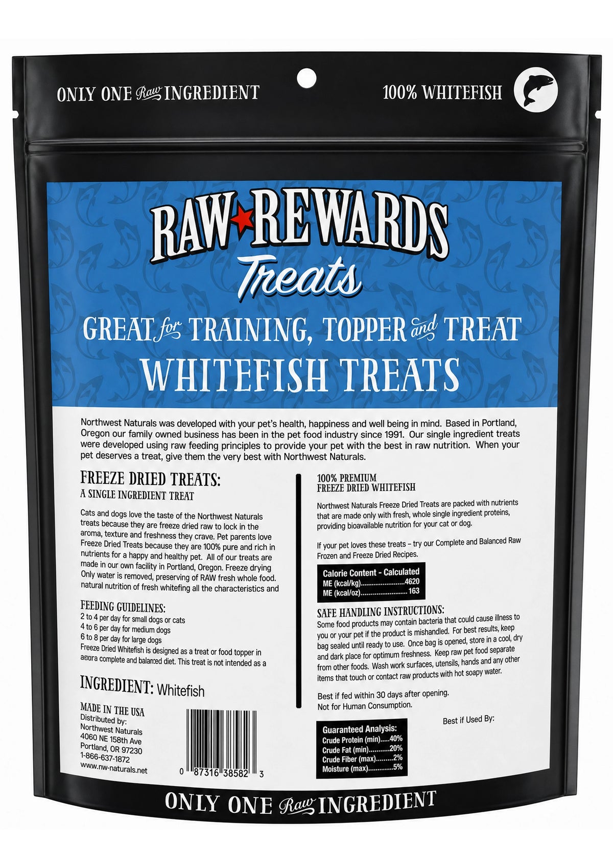 Back of Northwest Naturals Raw Rewards Freeze Dried Dog & Cat Treats Whitefish 2.5-oz