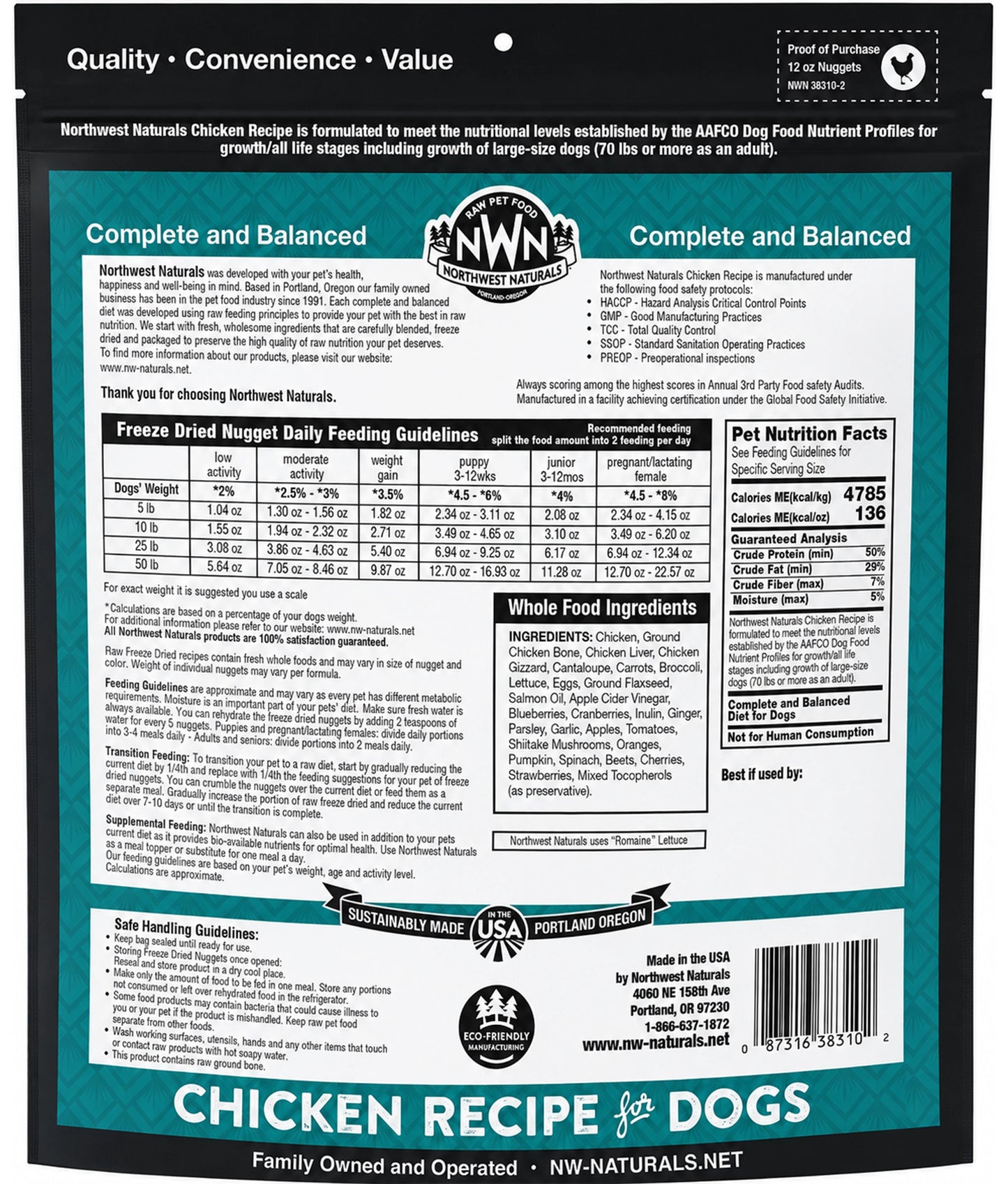 Back of Northwest Naturals Freeze Dried Raw Diet Dog Food Chicken Recipe 12-oz