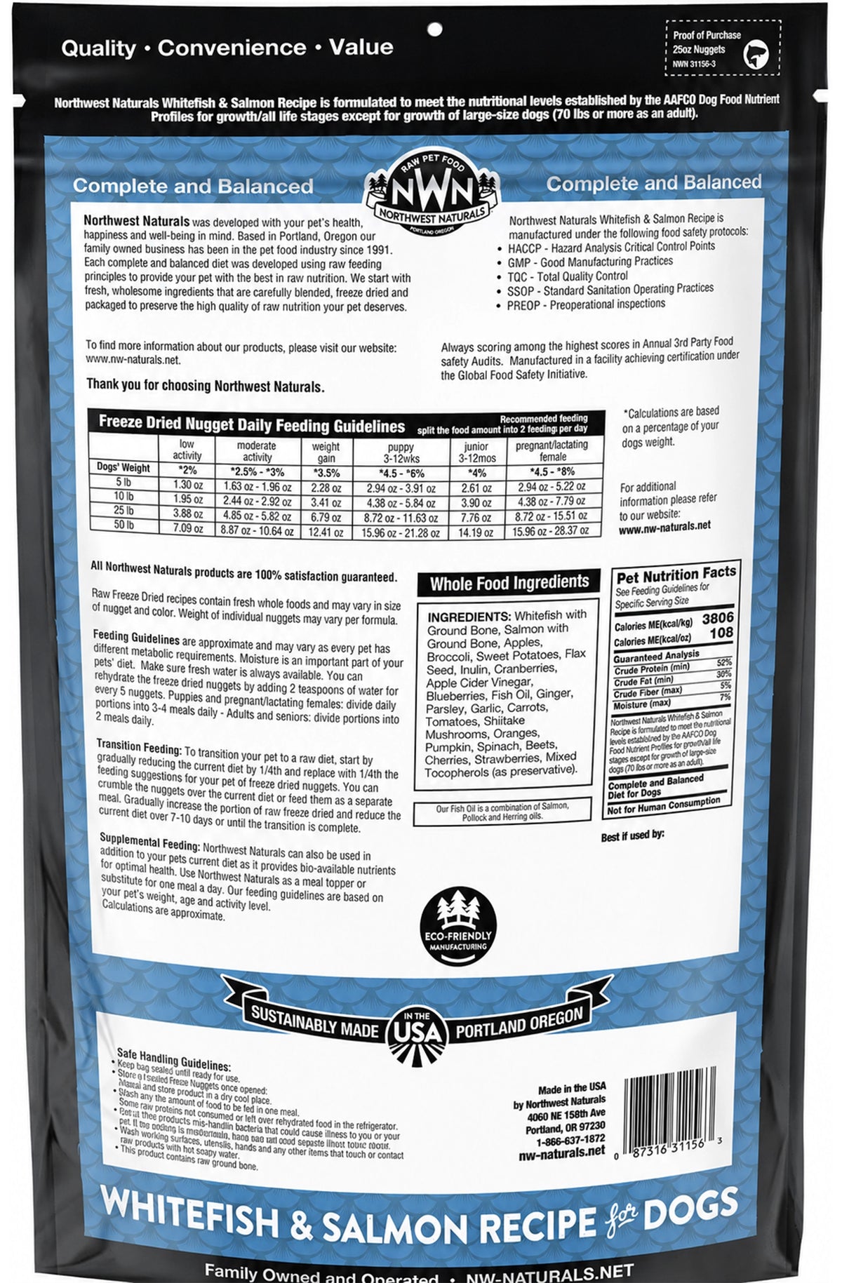 Back of Northwest Naturals Freeze Dried Raw Diet Dog Food Whitefish & Salmon Recipe 25-oz