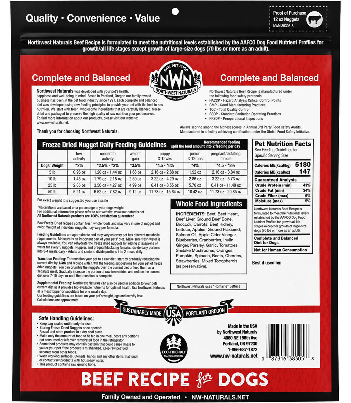 Back of Northwest Naturals Freeze Dried Raw Diet Dog Food Beef Recipe 12-oz