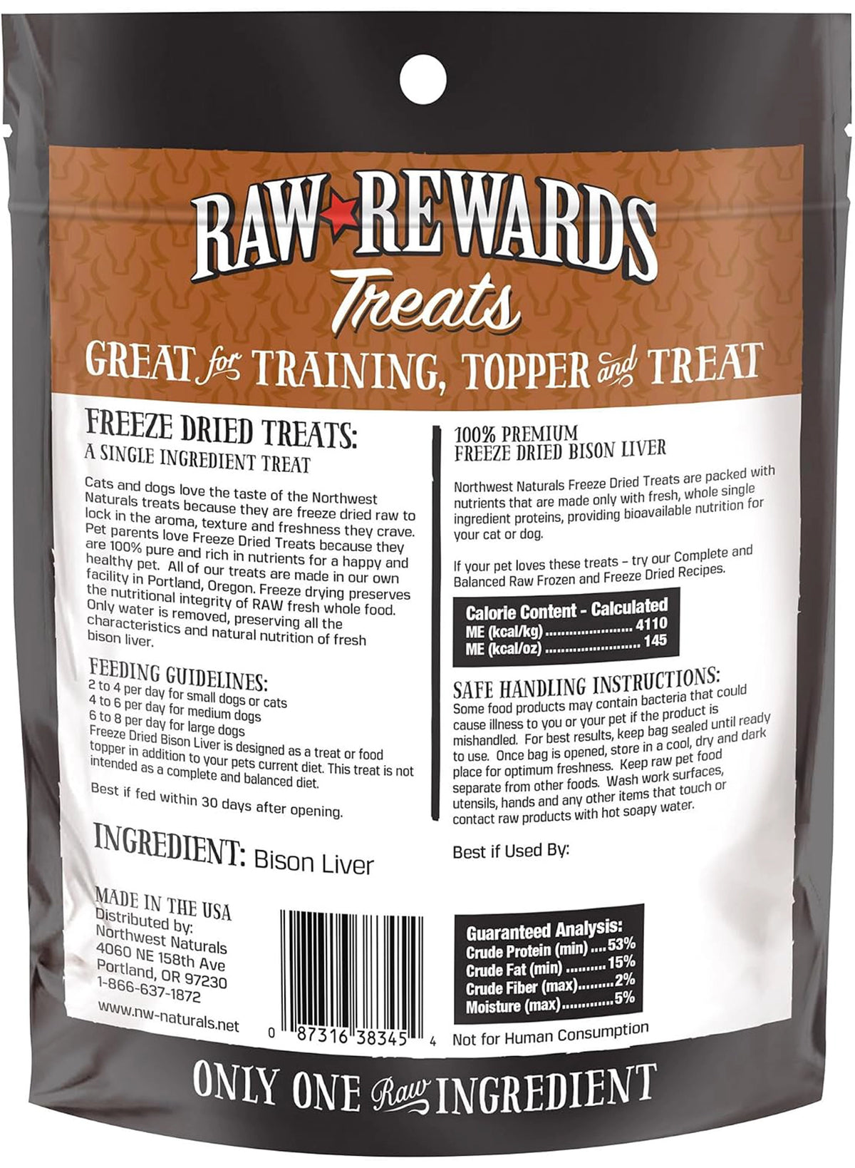 Back of Northwest Naturals Raw Rewards Freeze Dried Dog & Cat Treats Bison Liver 3-oz
