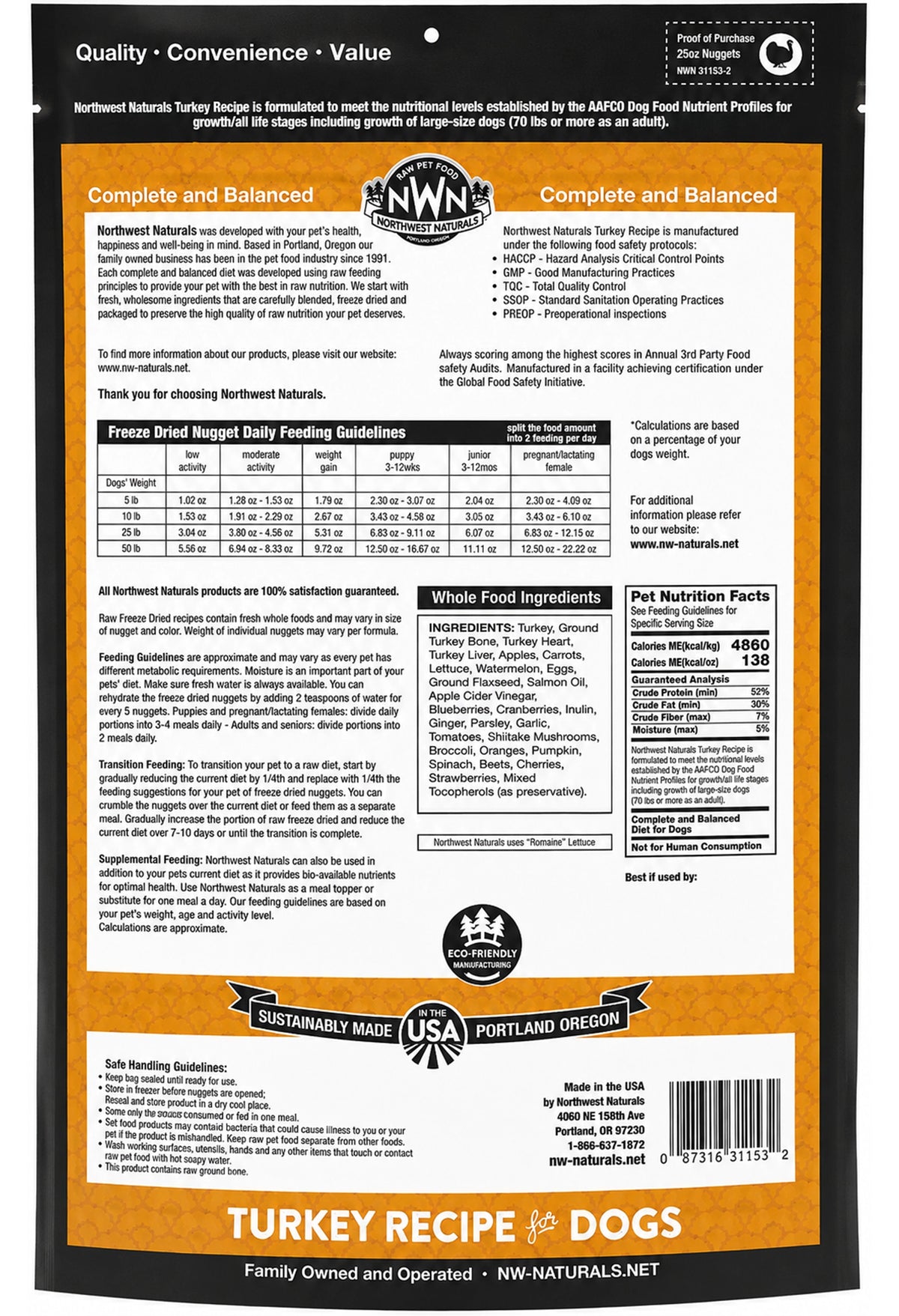 Back of Northwest Naturals Freeze Dried Raw Diet Dog Food Turkey Recipe 25-oz