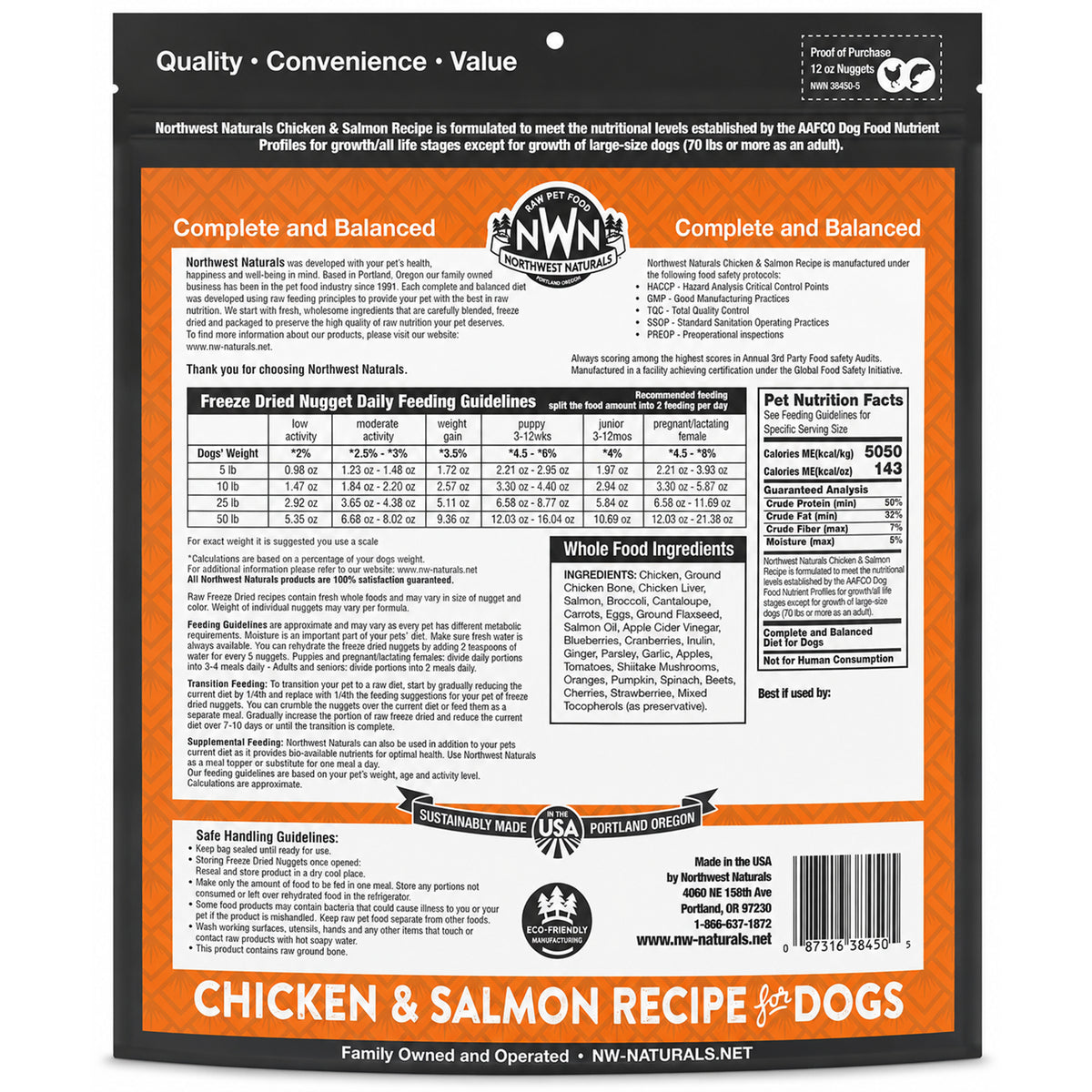 Back of Northwest Naturals Freeze Dried Raw Diet Dog Food Chicken & Salmon Recipe 12-oz