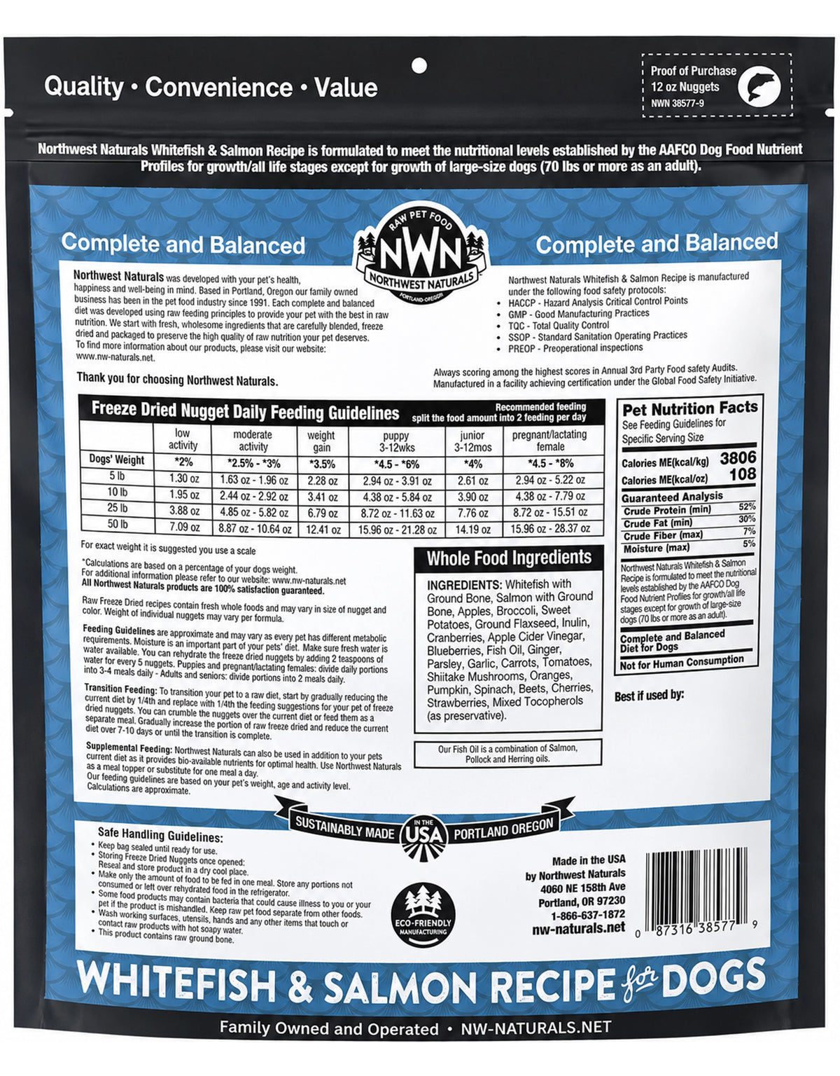 Back of Northwest Naturals Freeze Dried Raw Diet Dog Food Whitefish & Salmon Recipe 12-oz