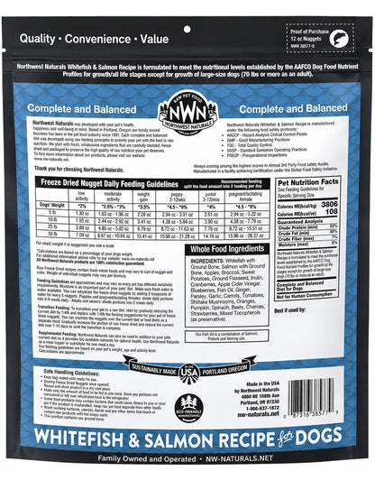 Back of Northwest Naturals Freeze Dried Raw Diet Dog Food Whitefish & Salmon Recipe 12-oz