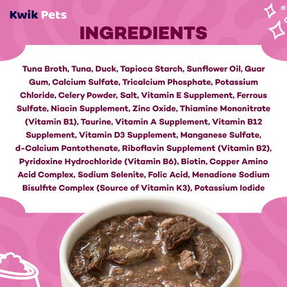 Ingredients info of Weruva B.F.F. OMG Tuna & Duck Devour Me Dinner in Gravy Wet Cat Food Pouches 3-oz