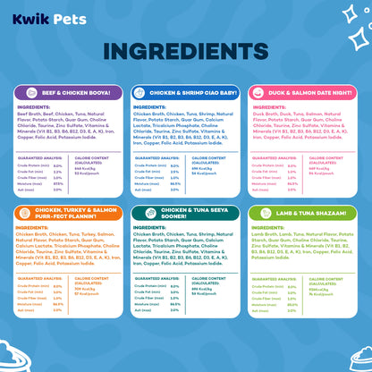 Ingredients info of Weruva B.F.F. OMG Potluck O' Pouches Variety Pack Wet Cat Food 2.8-oz Pouches 12 Count