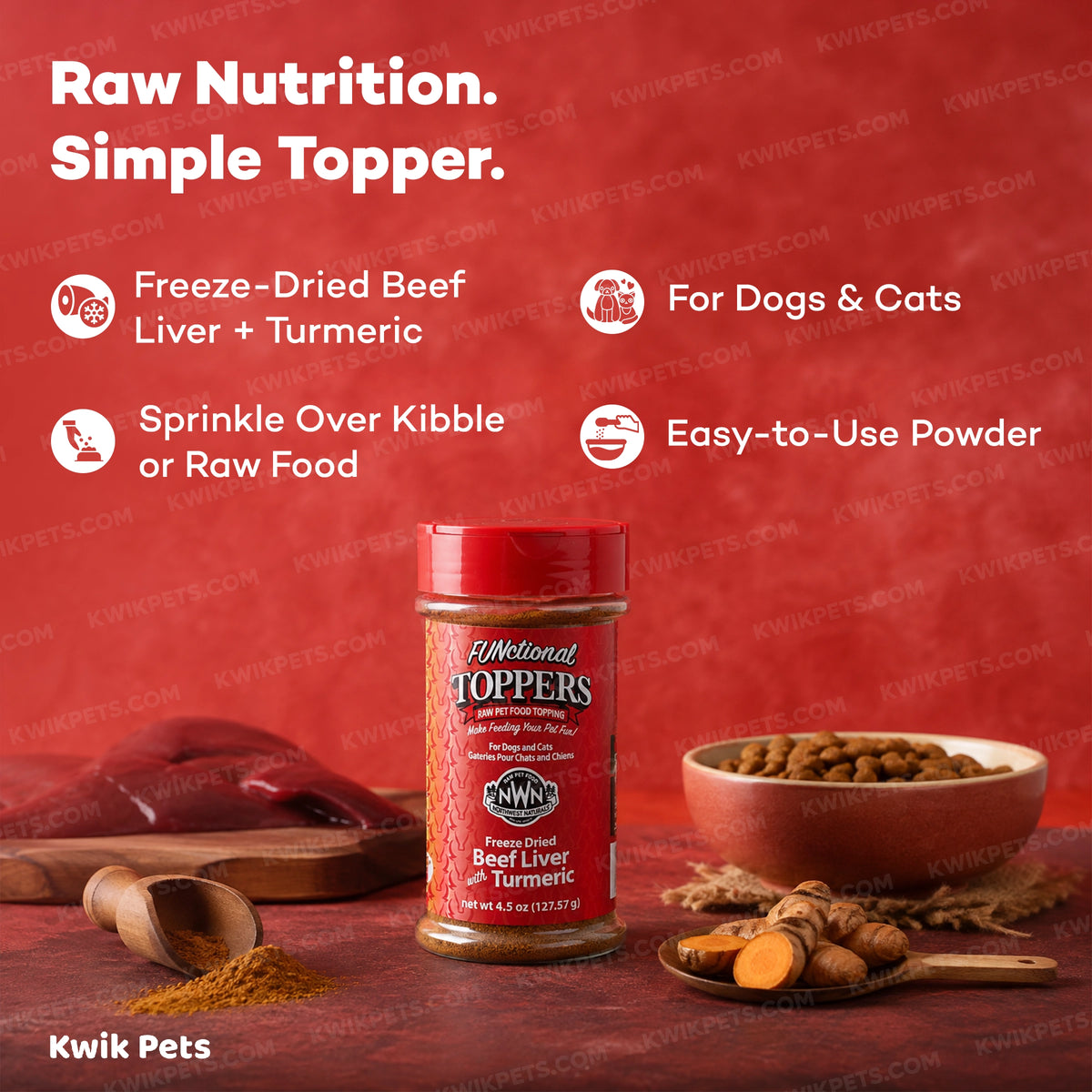 Features of Northwest Naturals Functional Freeze Dried Dog & Cat Food Topper Beef Liver with Turmeric 4.5-oz