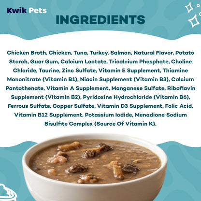 Ingredients info of Weruva B.F.F. OMG Chicken, Turkey & Salmon Purr-Fect Plannin'! Dinner in Gravy Wet Cat Food Pouches 2.8-oz