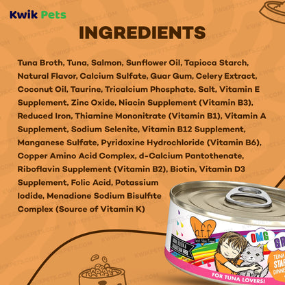 Ingredients info of Weruva B.F.F. OMG Tuna & Salmon Start Me Up Dinner in Gravy Wet Cat Food 5.5-oz
