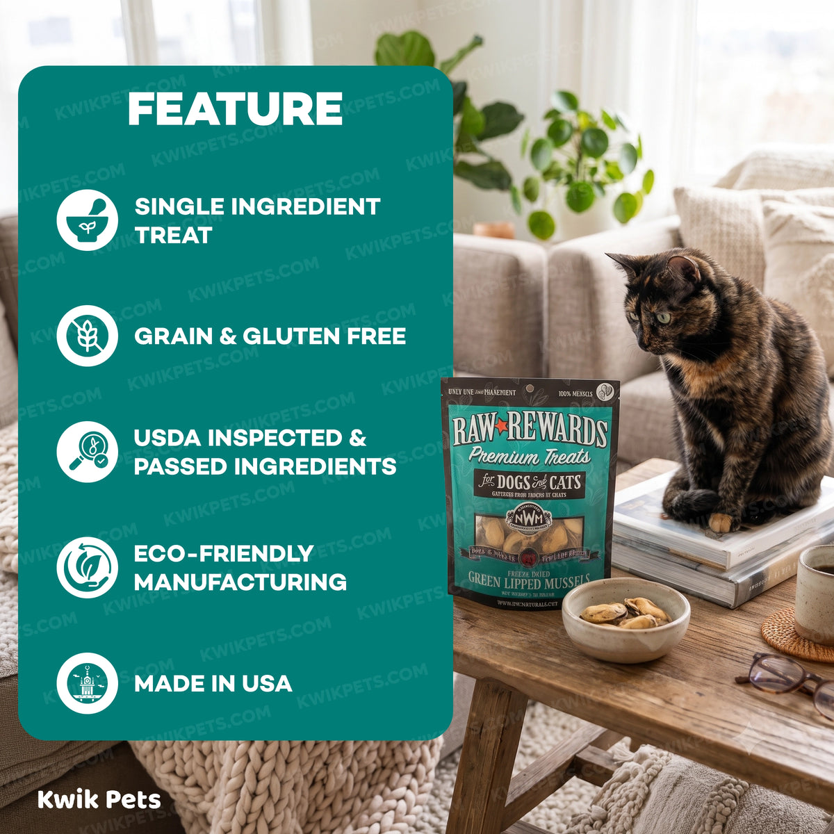 Features of Northwest Naturals Raw Rewards Freeze Dried Dog & Cat Treats Green Mussels 2-oz