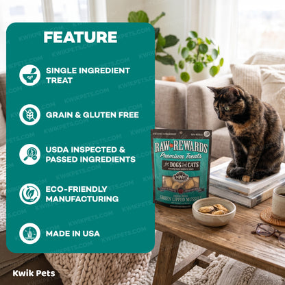 Features of Northwest Naturals Raw Rewards Freeze Dried Dog & Cat Treats Green Mussels 2-oz