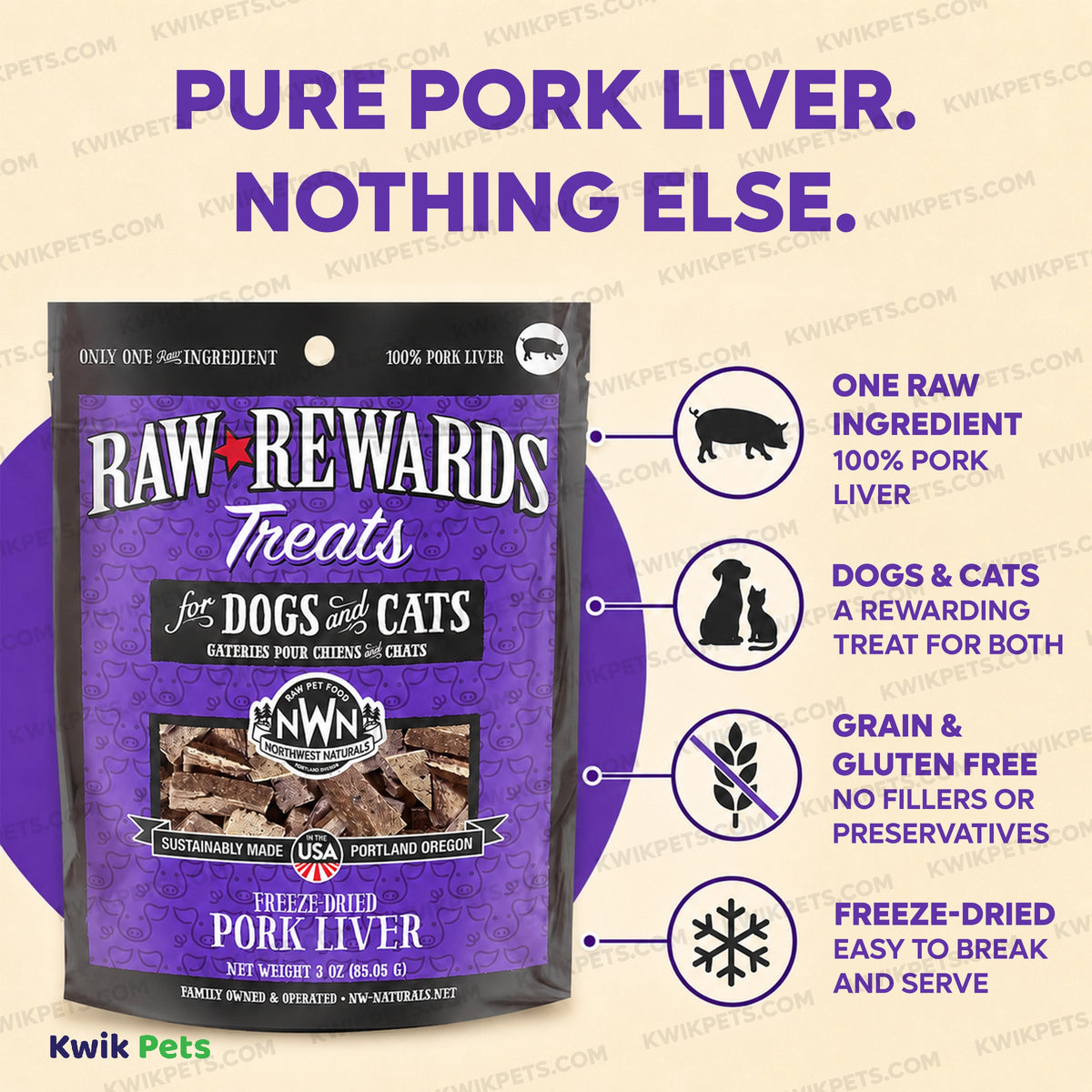 Features of Northwest Naturals Raw Rewards Freeze Dried Dog & Cat Treats Pork Liver 3-oz