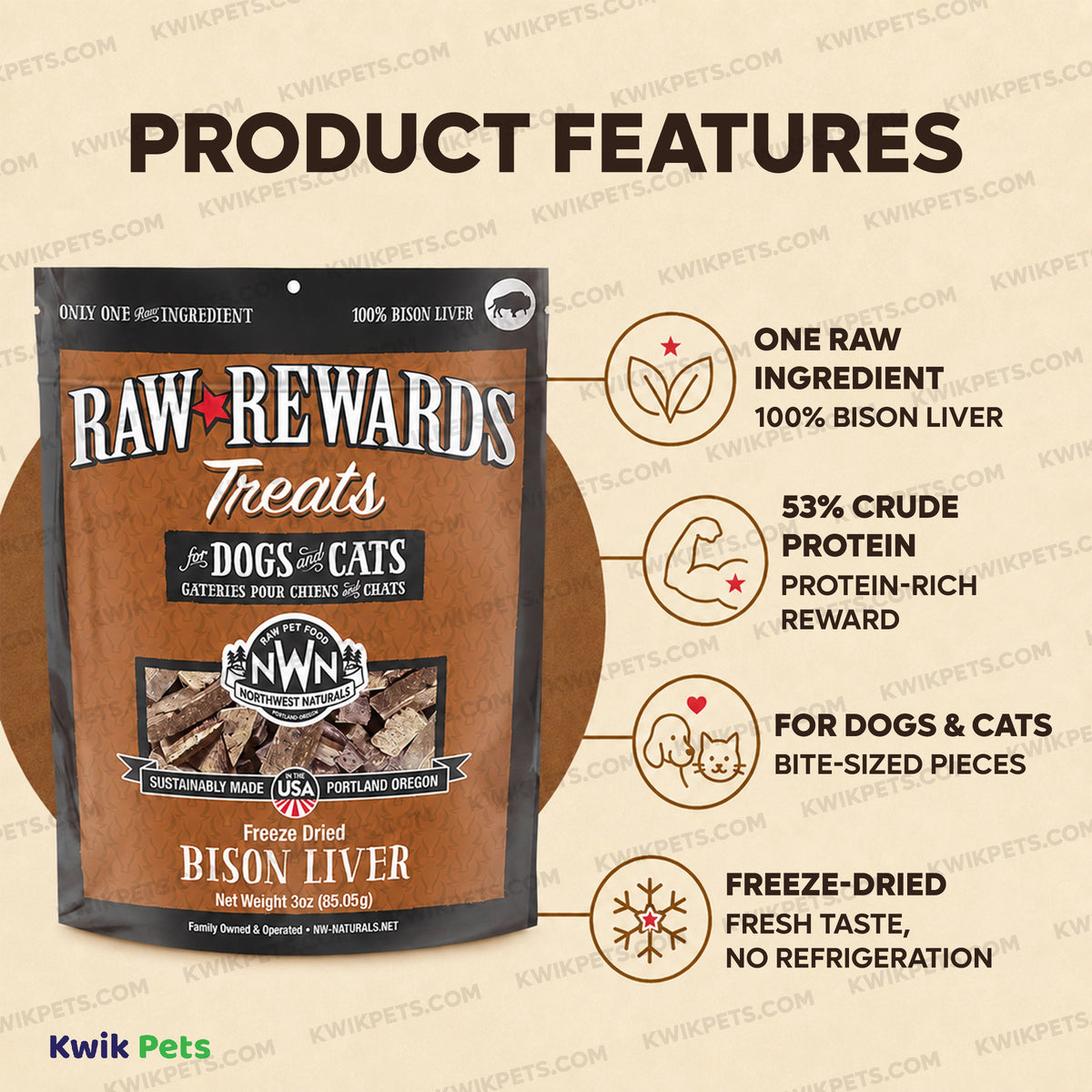 Features of Northwest Naturals Raw Rewards Freeze Dried Dog & Cat Treats Bison Liver 3-oz