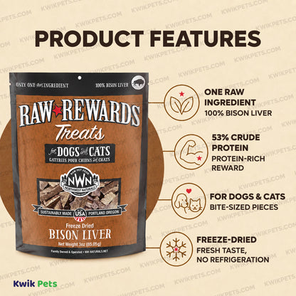 Features of Northwest Naturals Raw Rewards Freeze Dried Dog & Cat Treats Bison Liver 3-oz