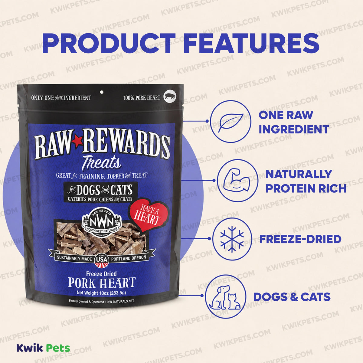 Features of Northwest Naturals Raw Rewards Freeze Dried Dog & Cat Treats Pork Heart 10-oz
