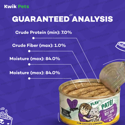 Guaranteed Analysis of Weruva B.F.F. PLAY Paté Chicken & Beef Best Buds Dinner in a Hydrating Purée Wet Cat Food 2.8-oz
