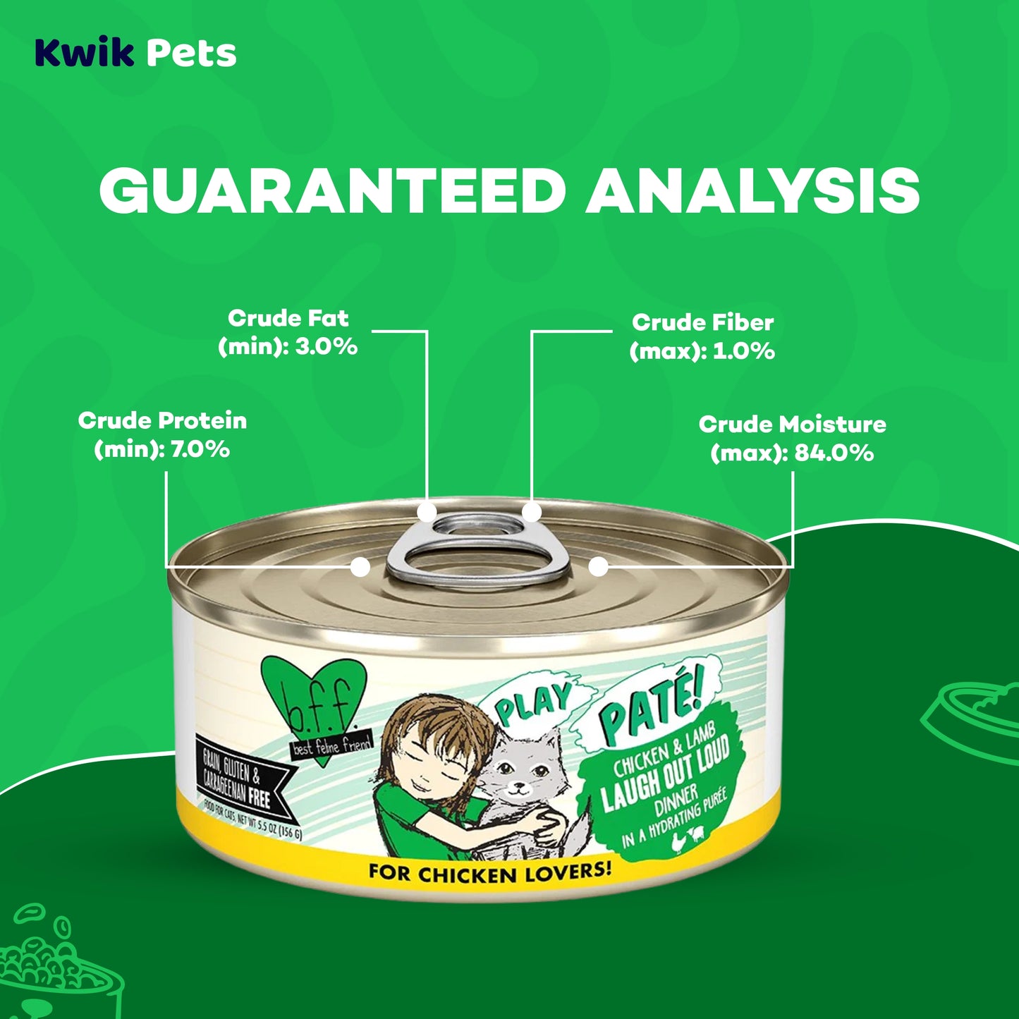 Guaranteed Analysis info of Weruva B.F.F. PLAY Paté Chicken & Lamb Laugh Out Loud Dinner in a Hydrating Purée Wet Cat Food 5.5-oz